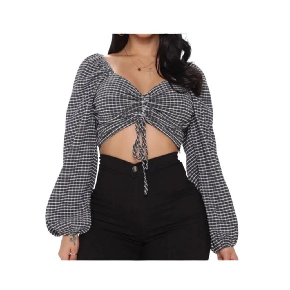 Juniper‎ Blue Cropped Puff-Sleeve Blouse Black White Textured Knit M